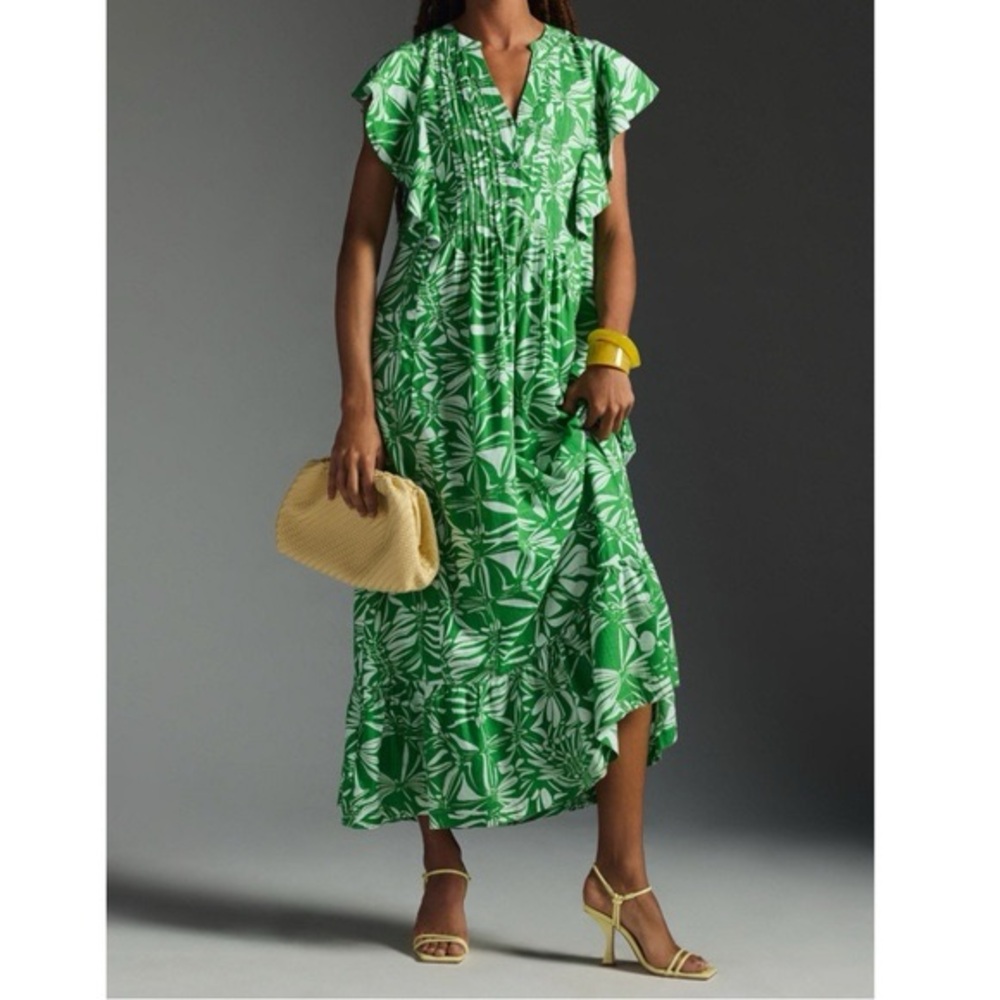 Maeve by Anthropologie Green Leaf Print Maxi Dress